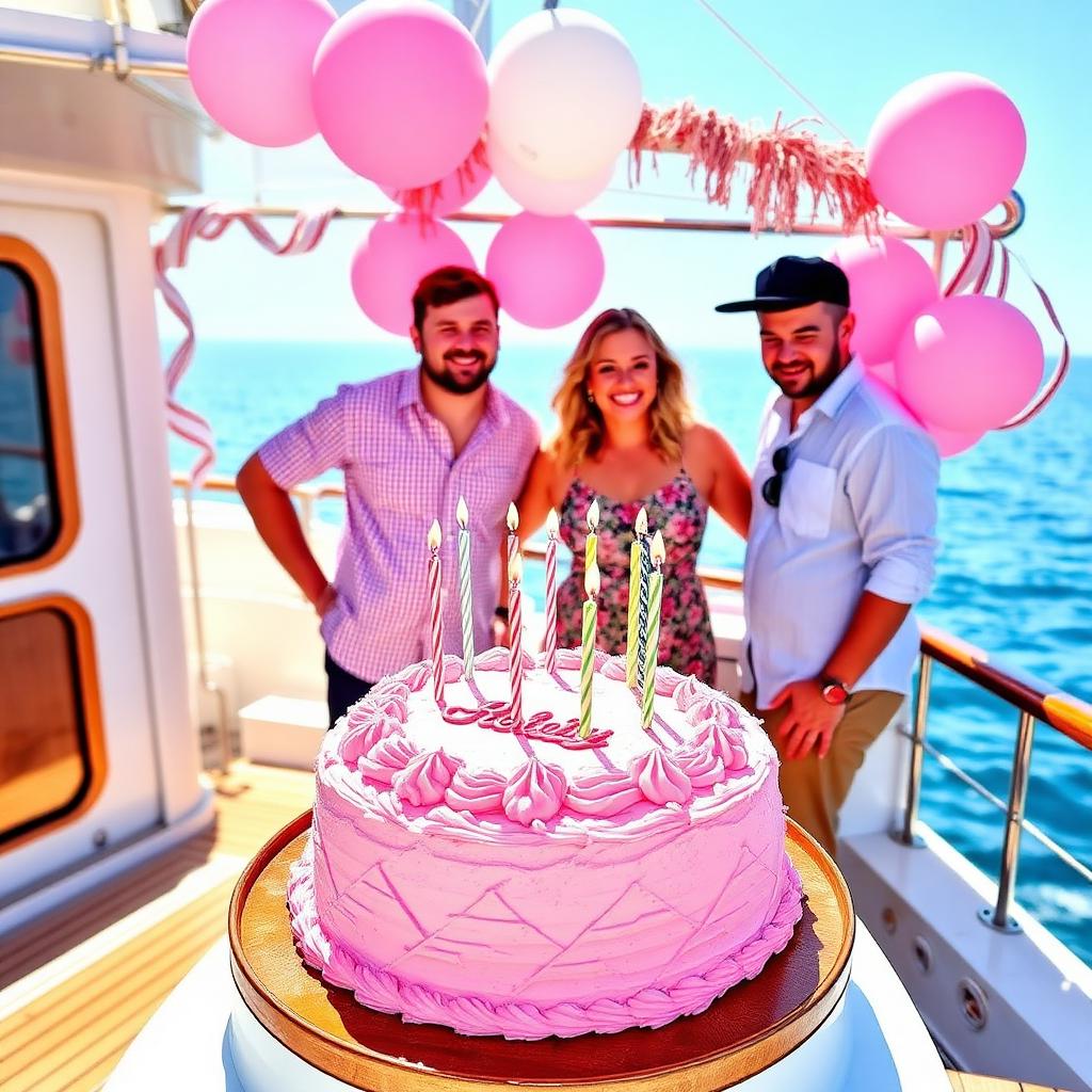 Teknede doğum günü pastası ve balonlar
