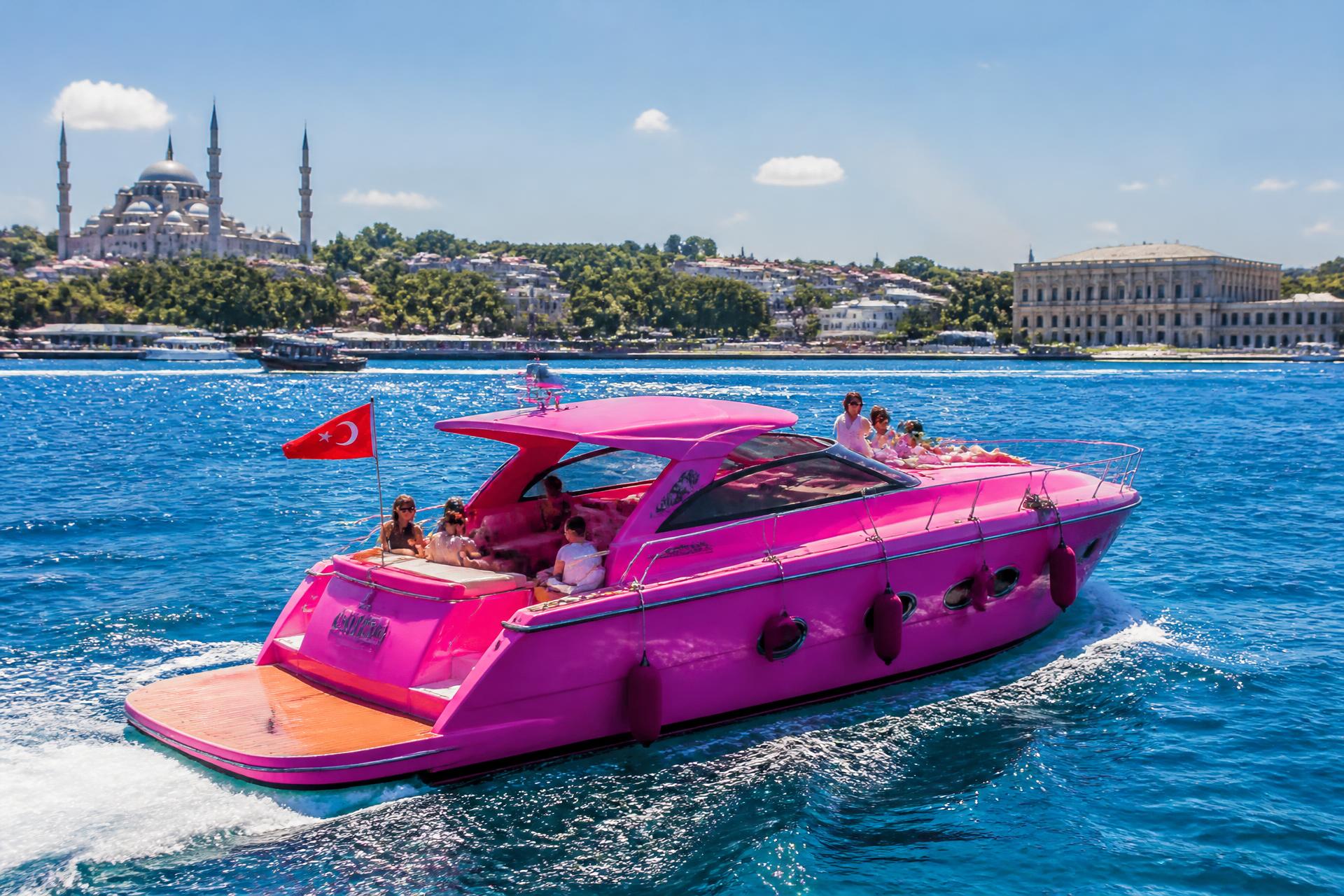 Boğaz'da seyreden pembe Sakura teknesi